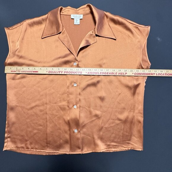 Rachel Zoe Brown Metallic Sleeveless Button Up Blouse Shiny Relax Fit Boxy Top - Picture 7 of 10